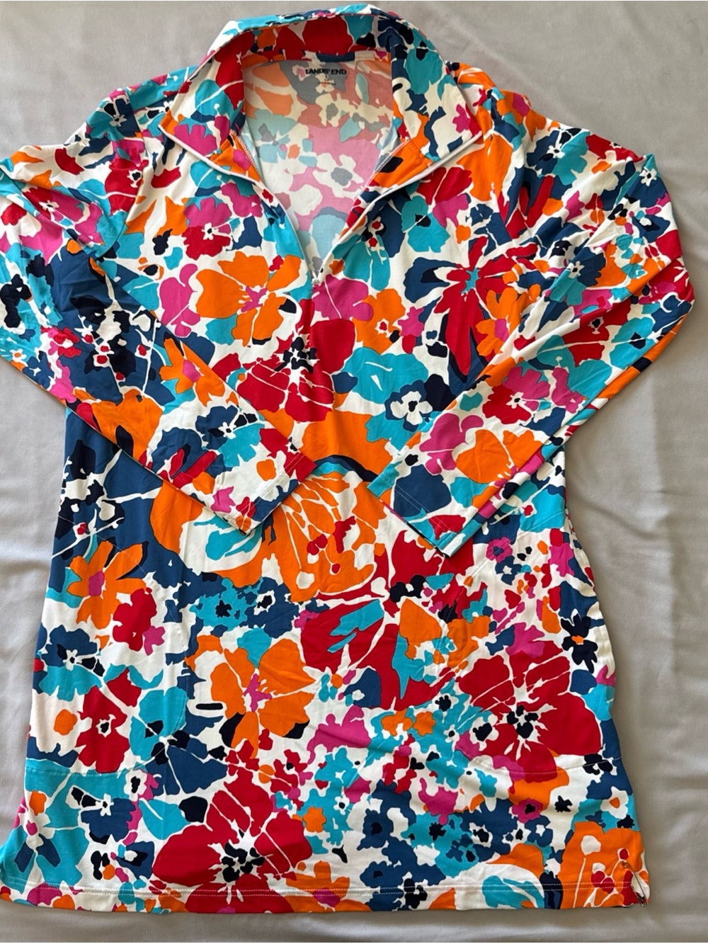 Lands' End Floral Quarter-Zip Swim Pullover in Red, Orange & Blue Sun Protection